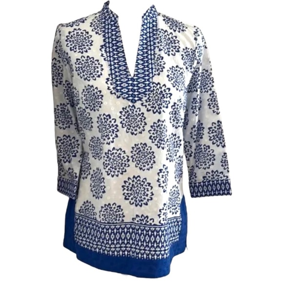 Sharagano Tops - Light Coral Green Floral Cotton Blouse